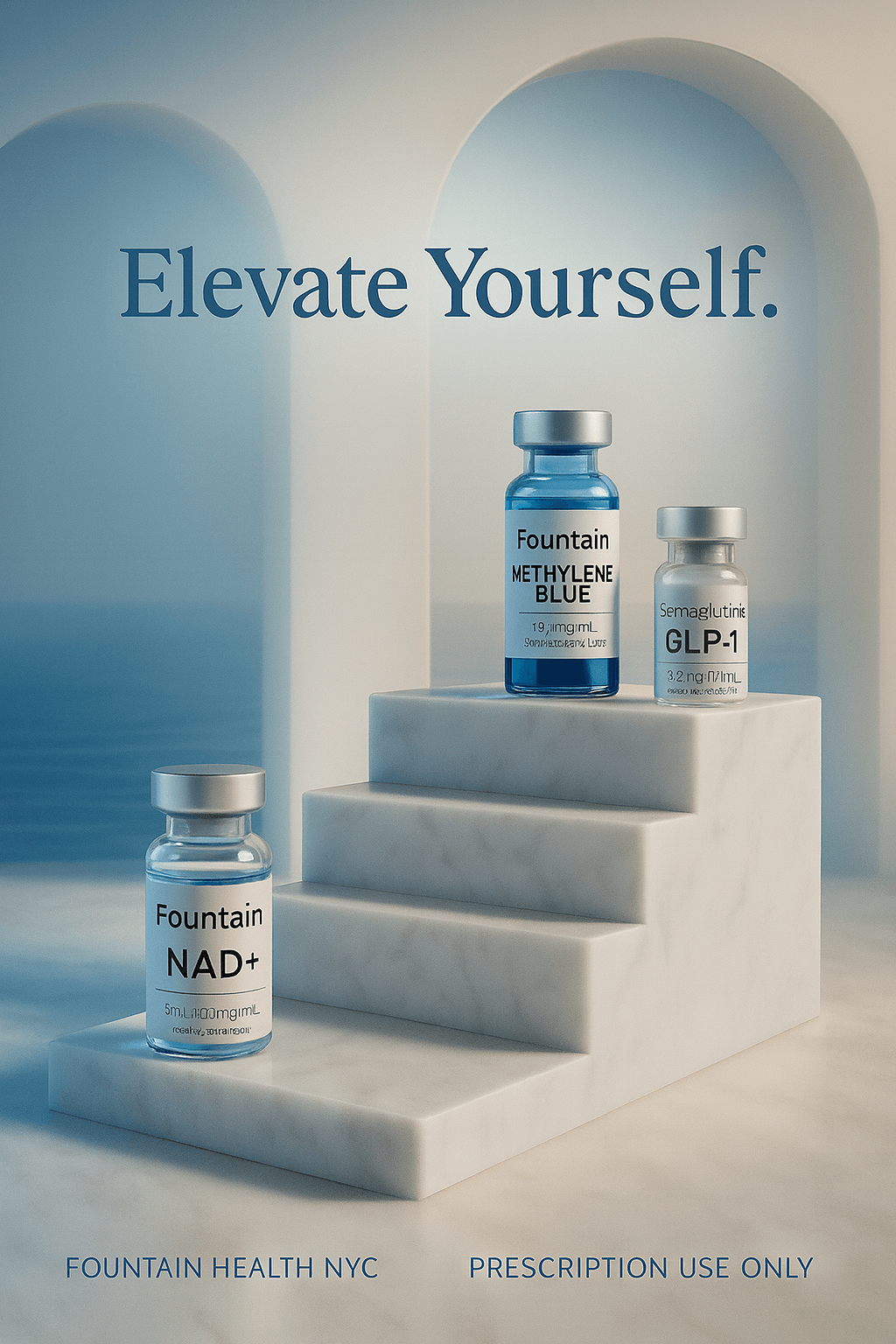 Elegant display of NAD+ prescription medication on marble steps, with water reflections under curved arches in the distance.