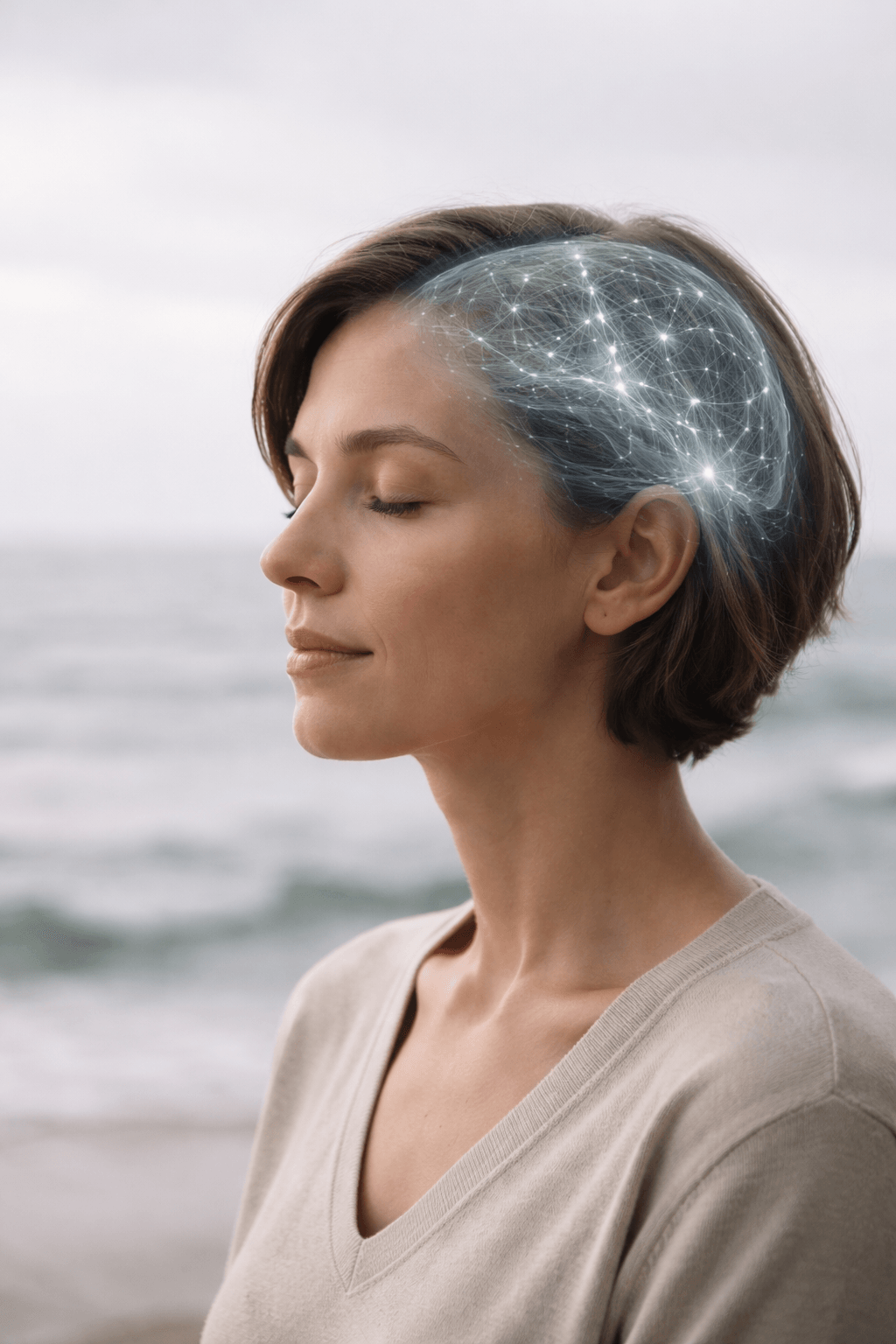 Calm patient portrait with subtle neural overlay representing physician-led ketamine therapy protocol in New York City